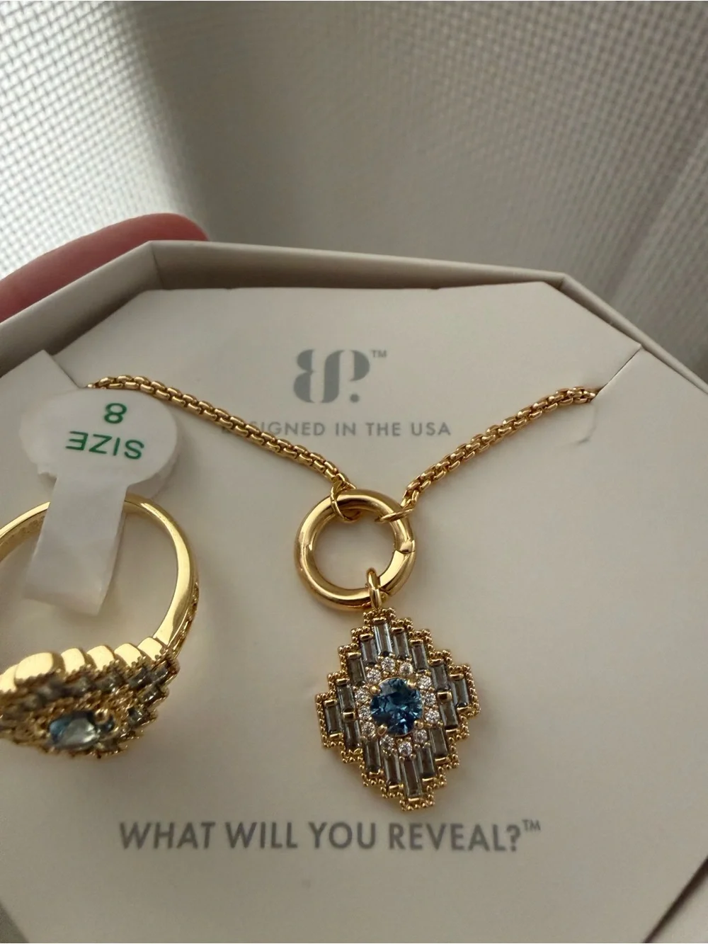 Bomb Party Gold-Tone Necklace and Ring Set with Blue Crystal Accents